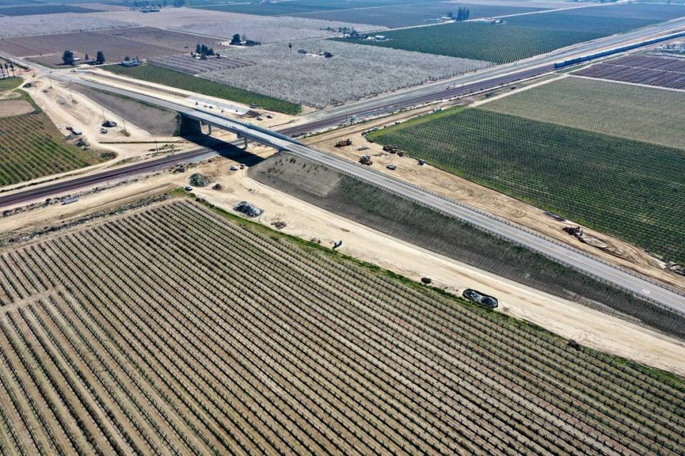 The South Avenue overpass opened in 2022 above the existing BNSF Railway freight tracks and future California High-Speed Rail Authority bullet-train route south of Fresno. A similar overpass is under construction a mile to the south where Manning Avenue crosses the tracks, with work scheduled to continue through March 2026.