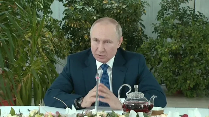 Russian President Vladimir Putin spoke to female flight attendants in comments broadcast on state television on Saturday, March 5, 2022. (Image: Reuters Video) <span class="copyright">Reuters Video</span>