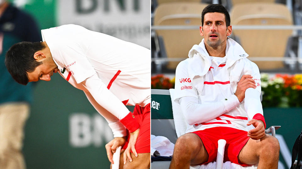 Djokovic can be seen here grabbing at his troublesome arm during the match.