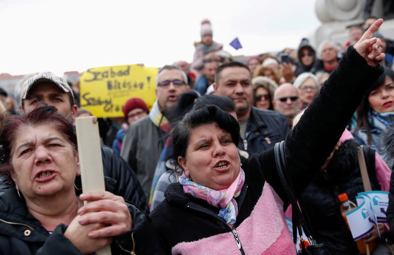 FILE PHOTO: People hold a demonstration against the Hungarian government's stance on the segregation of Roma children in school, in Budapest, Hungary