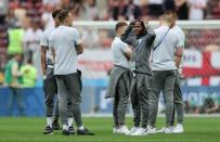 Soccer Football - World Cup - Semi Final - Croatia v England - Luzhniki Stadium, Moscow, Russia - July 11, 2018 England's Raheem Sterling with teammates on the pitch before the match REUTERS/Carl Recine