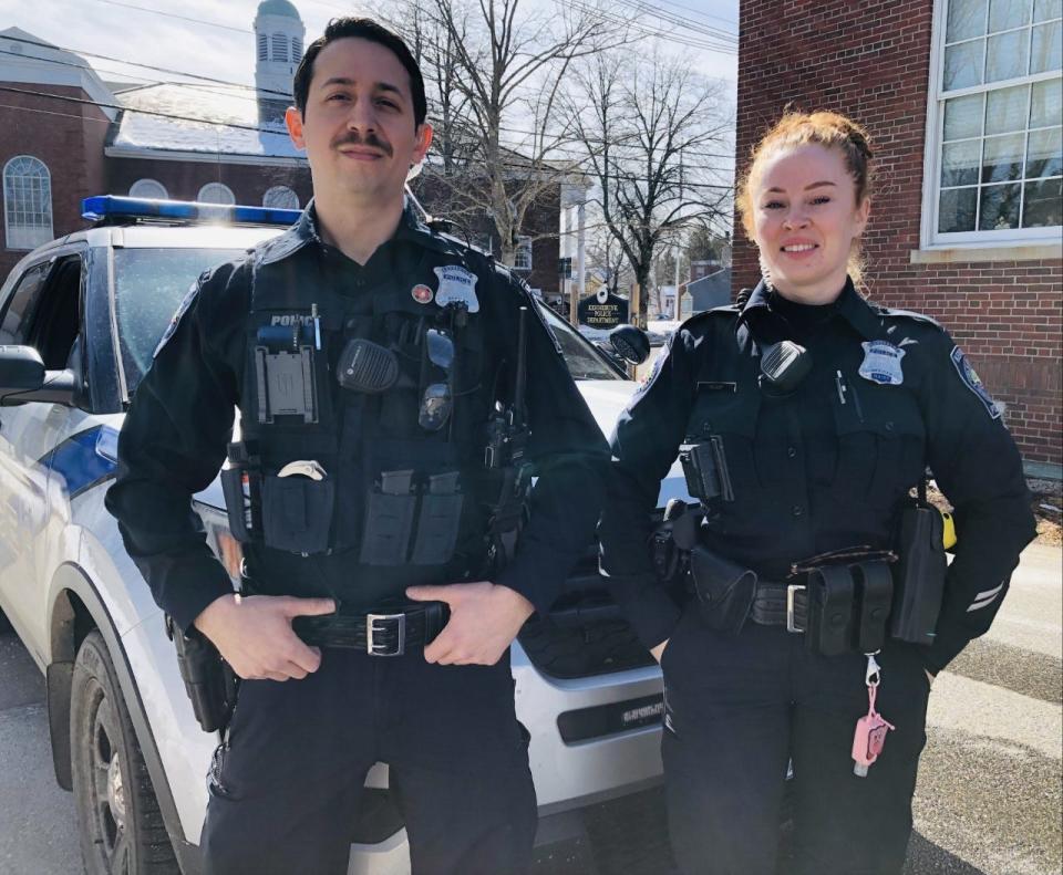 Officers Lorenzo Bacchi, left, and Kristin Kirby are new arrivals at the Kennebunk Police Department. Both hail from the same hometown in New York and both previously served with the New York Police Department.