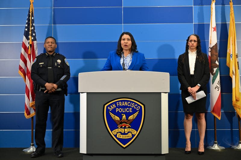 SAN FRANCISCO, CA - APRIL 13: Mayor London Breed speaks at a news conference to provide updates on Cash App founder Bob Lee's homicide investigation at the San Francisco Police Department as District Attorney Brooke Jenkins (R) and Police Chief William Scott (L) present in San Francisco, California, United States on April 13, 2023. (