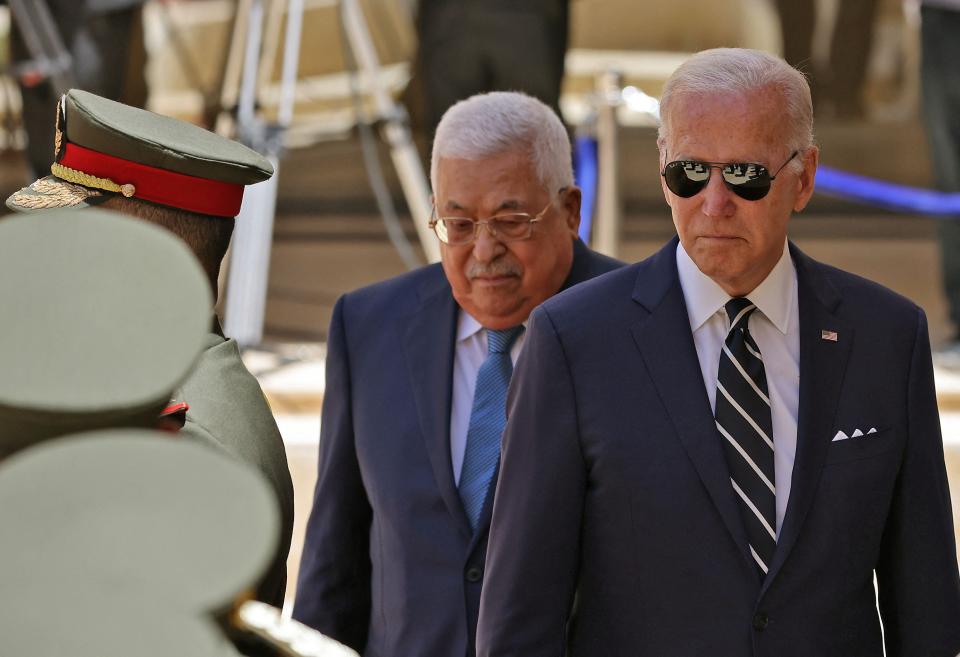 US President Joe Biden received by Palestinian President Mahmud Abbas in the city of Bethlehem in the occupied West Bank on 15 July 2022 (AFP via Getty Images)