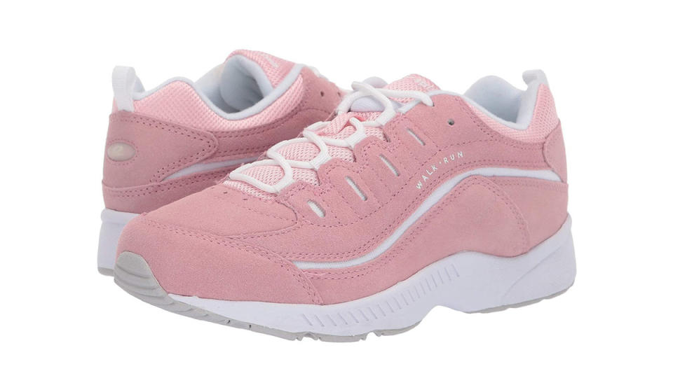 Blush sneakers with white sole and laces. 