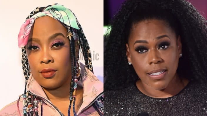 Rap artist Da Brat (left) appeared to call out singer Nicci Gilbert (right) for promoting her new TV show while updating concerned fans about the status of Kelly Price. (Photos: Paras Griffin/Getty Images and Alberto E. Rodriguez/Getty Images)