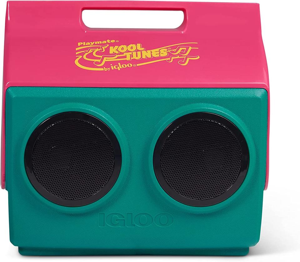 teal and pink cooler with speakers