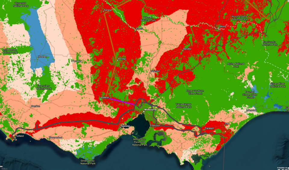 Heat map showing Victorian solar resource for a low-cost scenario with overhead powerlines. <a href="https://www.arcgis.com/home/webmap/viewer.html?webmap=f1a311a1f6cf42399f39d67dd04c6adf&extent=83.751,-49.176,180,-0.0352" rel="nofollow noopener" target="_blank" data-ylk="slk:RE100 Group;elm:context_link;itc:0;sec:content-canvas" class="link ">RE100 Group</a>, Author provided