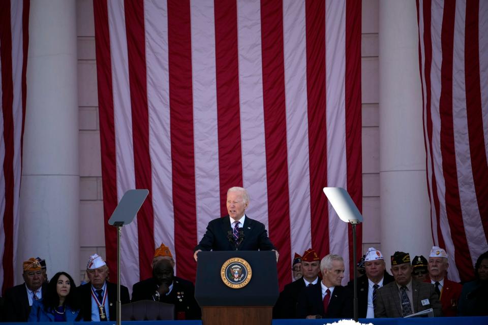 US President Joe Biden speaks at the National Veterans Day Observance at the Memorial Amphitheater at Arlington National Cemetery in Arlington, Va. on Saturday (Copyright 2023 The Associated Press. All rights reserved)