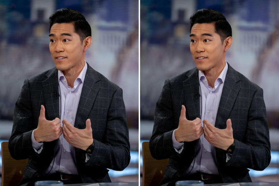 Reporter Brian Cheung on a broadcast television set. (Nate Congleton / NBC)