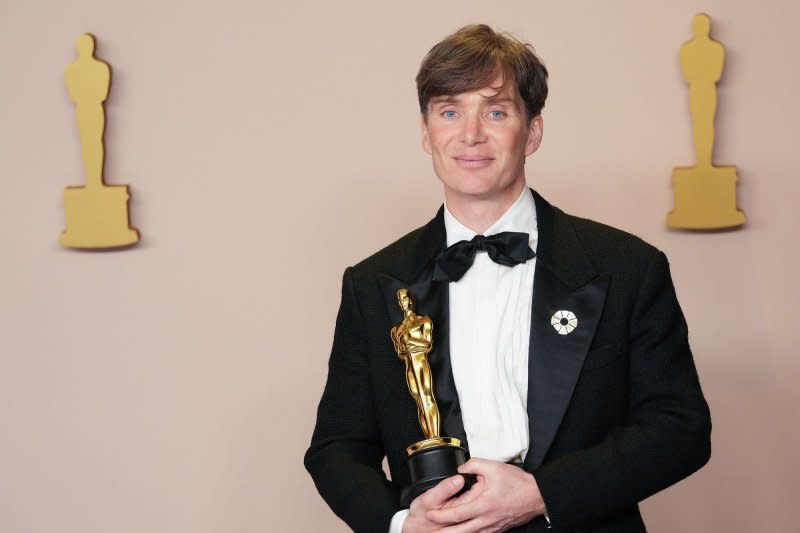 Cillian Murphy of "Oppenheimer," celebrates backstage with his Best Actor Oscar, one of the film's seven wins, including the Best Picture, during at the 96th annual Academy Awards in Los Angeles on March 10. Murphy added another award to his Best Actor collection at the Irish Film and Television Awards gala in Dublin Saturday. File Photo by Pat Benic/UPI