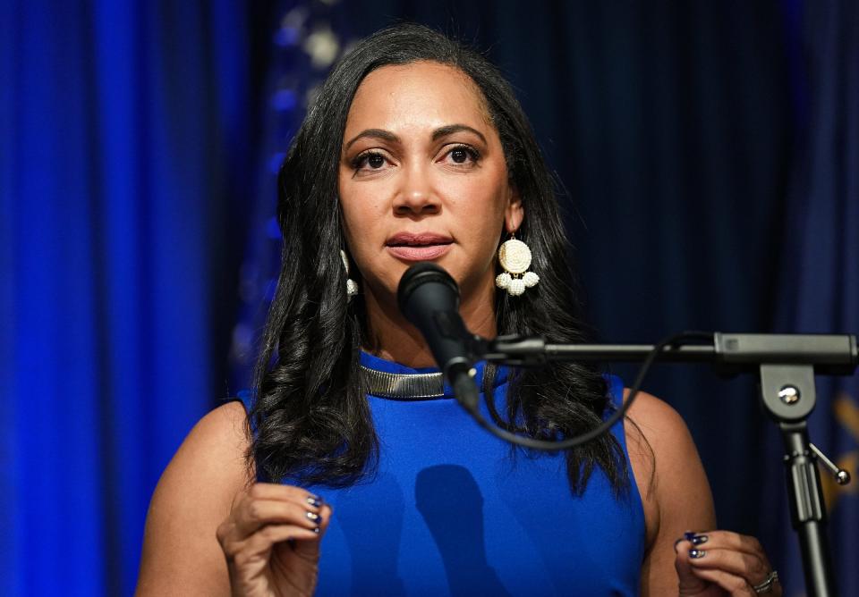 Andrea Hunley, Democratic candidate for Indiana State Senate District 46, delivers a victory speech during the Indiana Democrats election night watch party on Tuesday, Nov. 8, 2022, at Nevermore Union Station in Indianapolis, Ind.