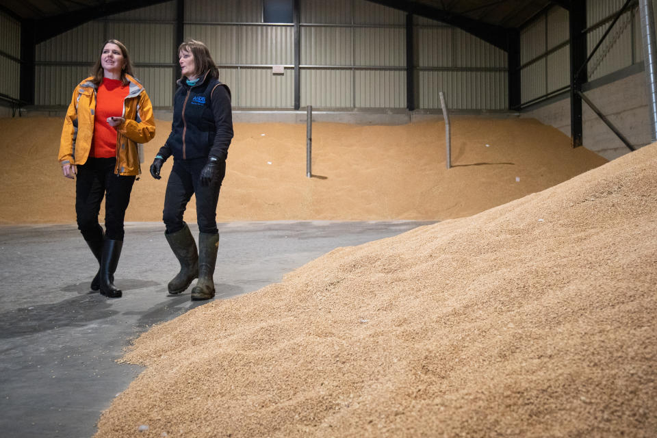 Jo Swinson and farmer Christy Willett as the Liberal Democrat leader visits an arable farm in Galleywood outside of Chelmsford to discuss the impact of Brexit and a Donald Trump trade deal.