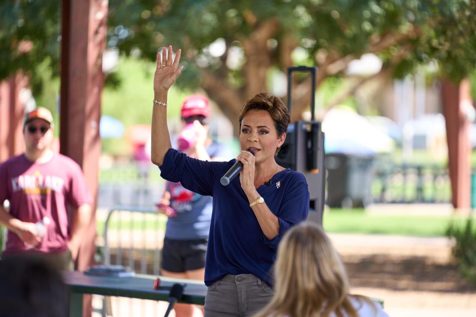 Gubernatorial candidate Kari Lake speaks during the Turning Point Action event at South Mountain Pavilion in Tumbleweed Park in Chandler on Aug. 27, 2022.