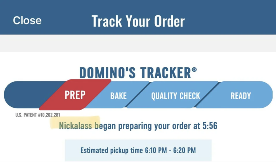 "Nickalass began preparing your order at 5:56"
