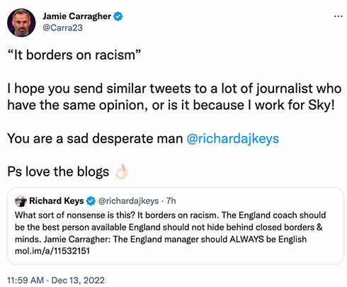 Jamie Carragher's response to Richard Keys. (Twitter)