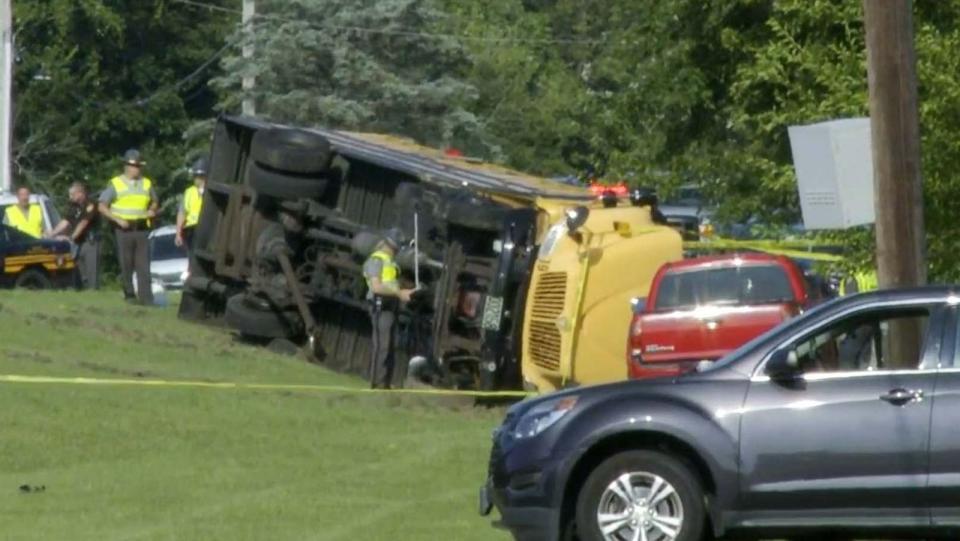 PHOTO: Law enforcement officials work at the scene of a school bus crash in Clark County, Ohio, on Aug. 22, 2023. (WKEF)