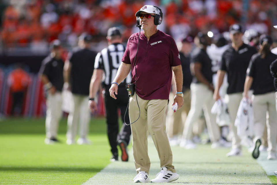 Sep 9, 2023; Miami Gardens, Florida; Texas A&M Aggies head coach Jimbo Fisher looks on from the sideline against the Miami Hurricanes during the second quarter at Hard Rock Stadium. Sam Navarro-USA TODAY Sports