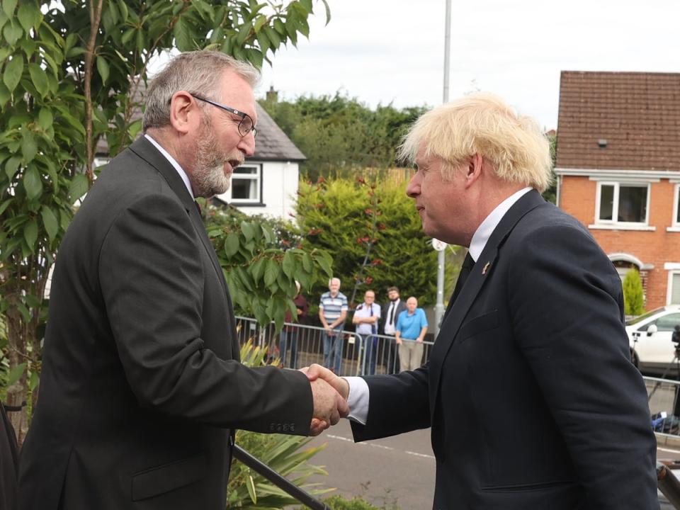 UUP leader Doug Beattie (left) greets Prime Minister Boris Johnson at Monday’s funeral (Liam McBurney/PA) (PA Wire)