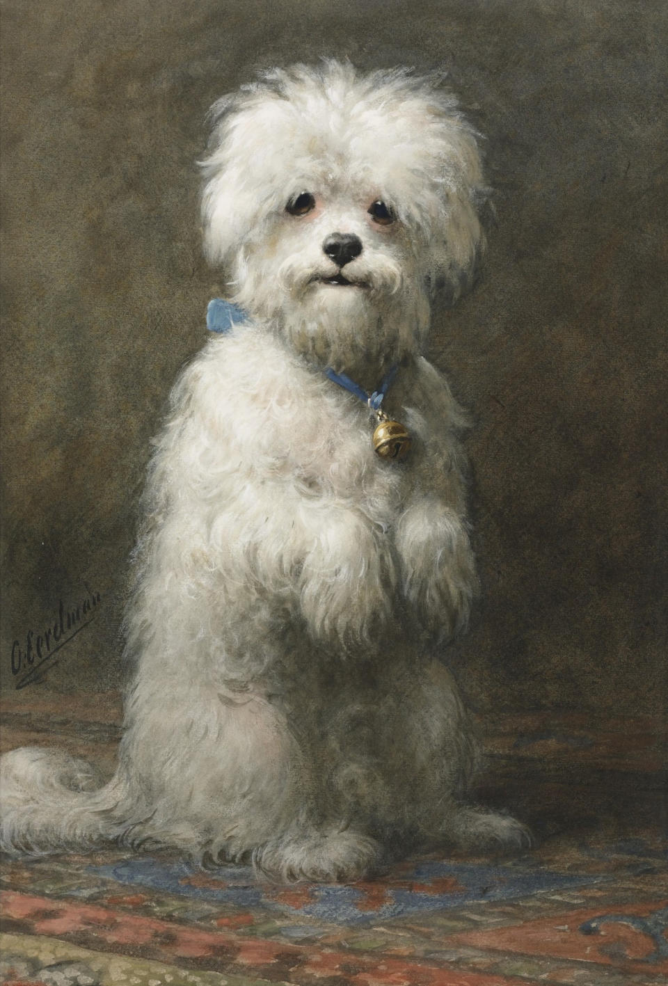 This undated photo provided by Sotheby's shows a painting of a dog by Otto Eerelman titled "Sitting Up," that belonged to the late philanthropist Brooke Astor. Sotheby's said the piece will be offered at a Sept. 24-25, New York auction of some 900 personal items from Astor's Park Avenue duplex and her stone manor in Westchester. (AP Photo/Sotheby's)