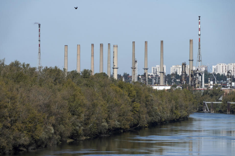 FILE - The Feyzin oil refinery, near Lyon, central France, Nov. 7, 2022. Rising methane levels in the atmosphere in 2022 again played a big part in an overall increase in the greenhouse gases that cause climate change, according to the the National Oceanic and Atmospheric Administration. (AP Photo/Laurent Cipriani, File)