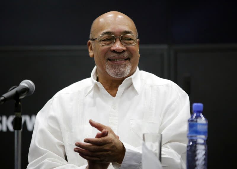 Suriname's President Desi Bouterse reacts during a news conference while announcing that Apache Corporation and Total made a major oil discovery offshore Suriname with the closely watched Maka-Central 1 well, in Paramaribo