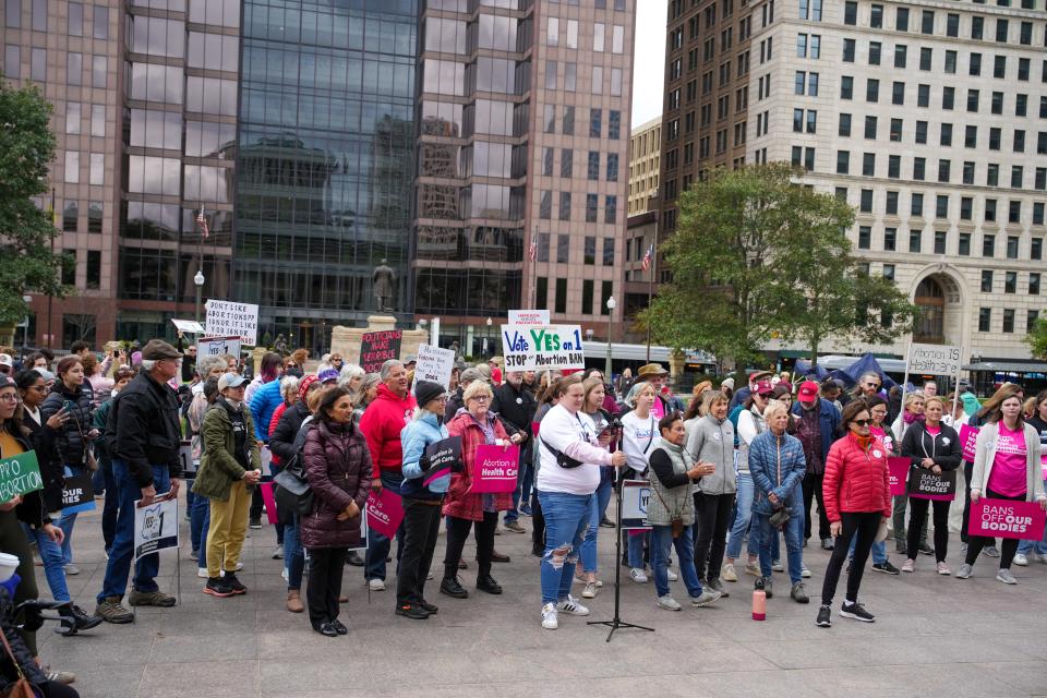 Some of the people who came to the Ohio Statehouse on Sunday to show their support for Issue 1 in the November general election. If approved, the measure would make abortion rights part of the Ohio Constitution.