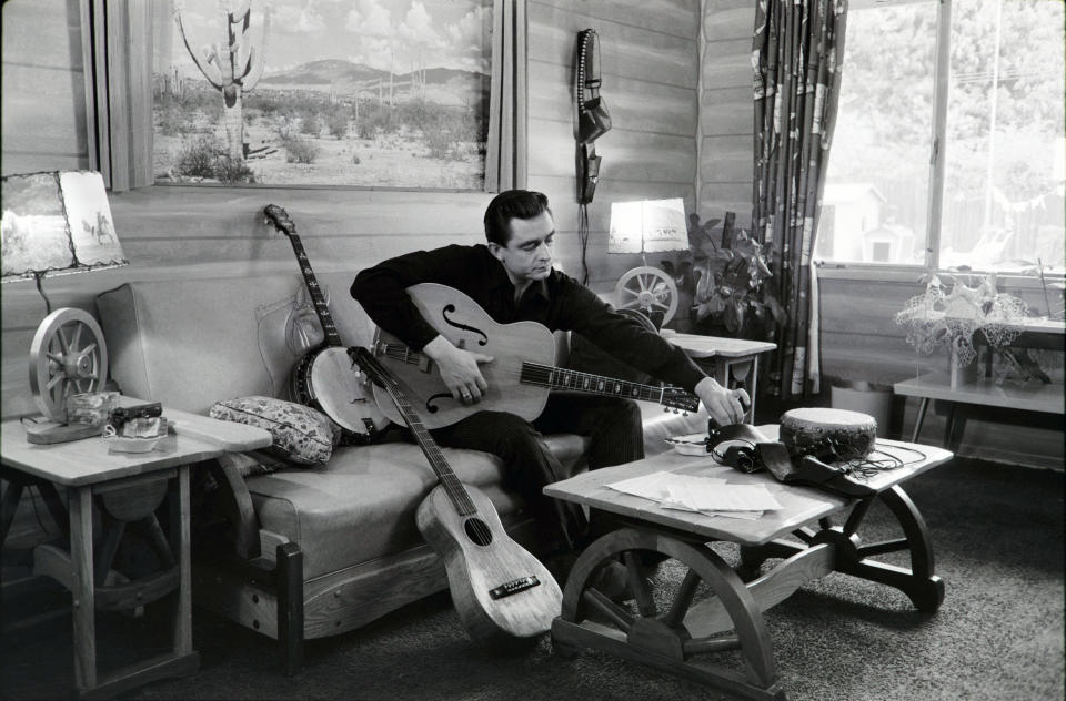 This image released by PBS shows Johnny Cash at his home in California, used in the Ken Burns documentary, "Country Music," airing Sept. 15-22 and Sept. 22-25 on PBS. (Sony Music Archives/PBS via AP)