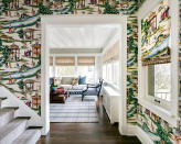 <p> A hallway is the perfect setting to embrace your love of wallpaper. If you are looking for inspiring hallway wallpaper ideas, illustrative designs are eye-catching and create a fabulous welcome for your visitors. </p> <p> It can really frame an entrance to another room too, which can look quite spectacular: it’s worth using the same colors within the room you can see in this case so the look is cohesive, and consider using the same floor so there’s flow from one space to the next. </p>