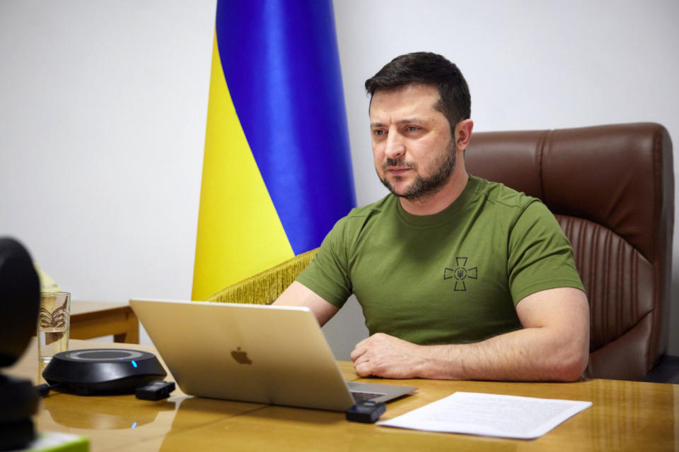 KYIV, UKRAINE - MARCH 16, 2022 - President of Ukraine Volodymyr Zelenskyy addresses the US Congress, Kyiv, capital of Ukraine. The custom size photo is courtesy of the press service of the Office of the President of Ukraine. (Photo credit should read UKRINFORM/ Ukrinform/Future Publishing via Getty Images)