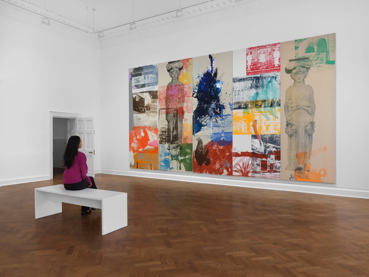 Rauschenberg’s ‘Caryatid Cavalcade I’ from Roci Chile, 1985 (silkscreen ink, acrylic, and graphite on canvas) is part of the new exhibition exhibition  (Eva Herzog/Thaddaeus Ropac Gallery)