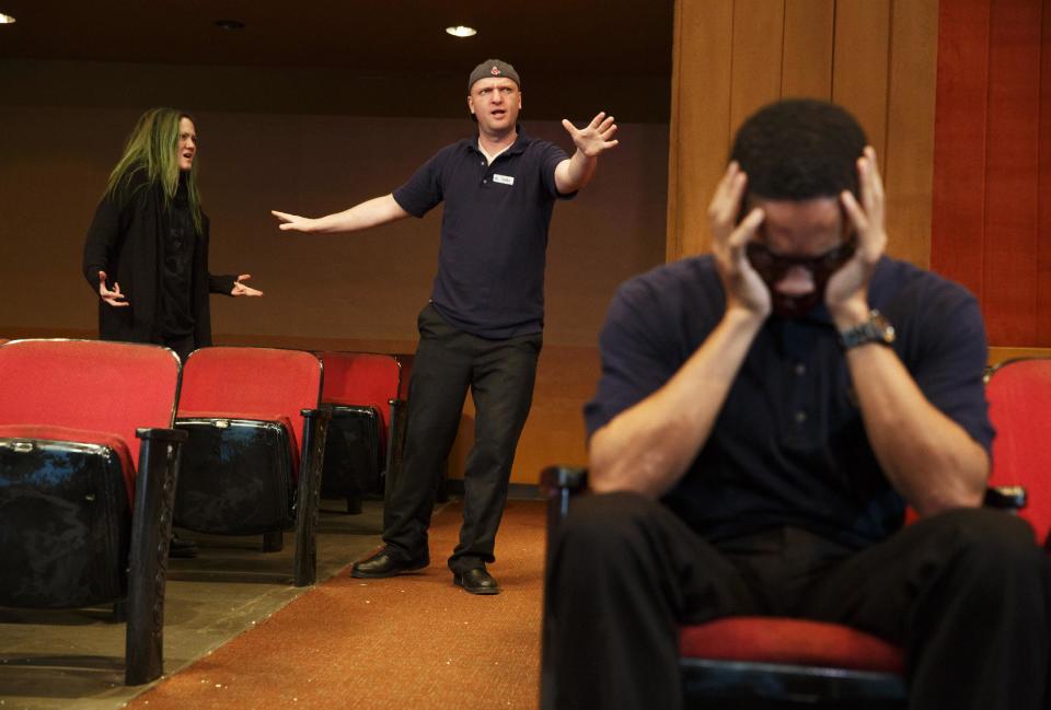 This publicity photo released by The Publicity Office shows, from left, Louisa Krause, Matthew Maher and Aaron Clifton Moten, in a scene from Annie Baker’s new play, "The Flick," premiering off-Broadway at Playwrights Horizons in New York. (AP Photo/The Publicity Office, Joan Marcus)