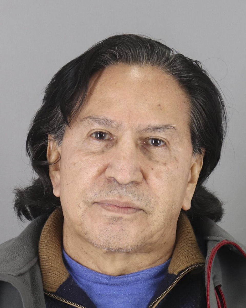 FILE - This booking photo released Monday, March 18, 2019, by the San Mateo County Sheriff's Office shows former Peruvian President Alejandro Toledo after his arrest on suspicion of public intoxication. Toledo, who faces corruption charges in his homeland, will appear before a federal judge in San Francisco Friday, July 19, 2019. Toledo was arrested in Northern California following an extradition request. (San Mateo County Sheriff's Office via AP, File)