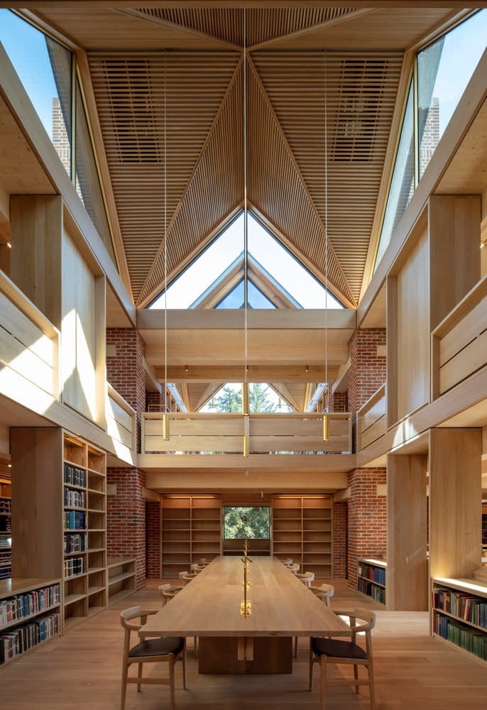 Upward view inside one of the new library's expansive study hall paints a clearer picture of the gabled roof. 