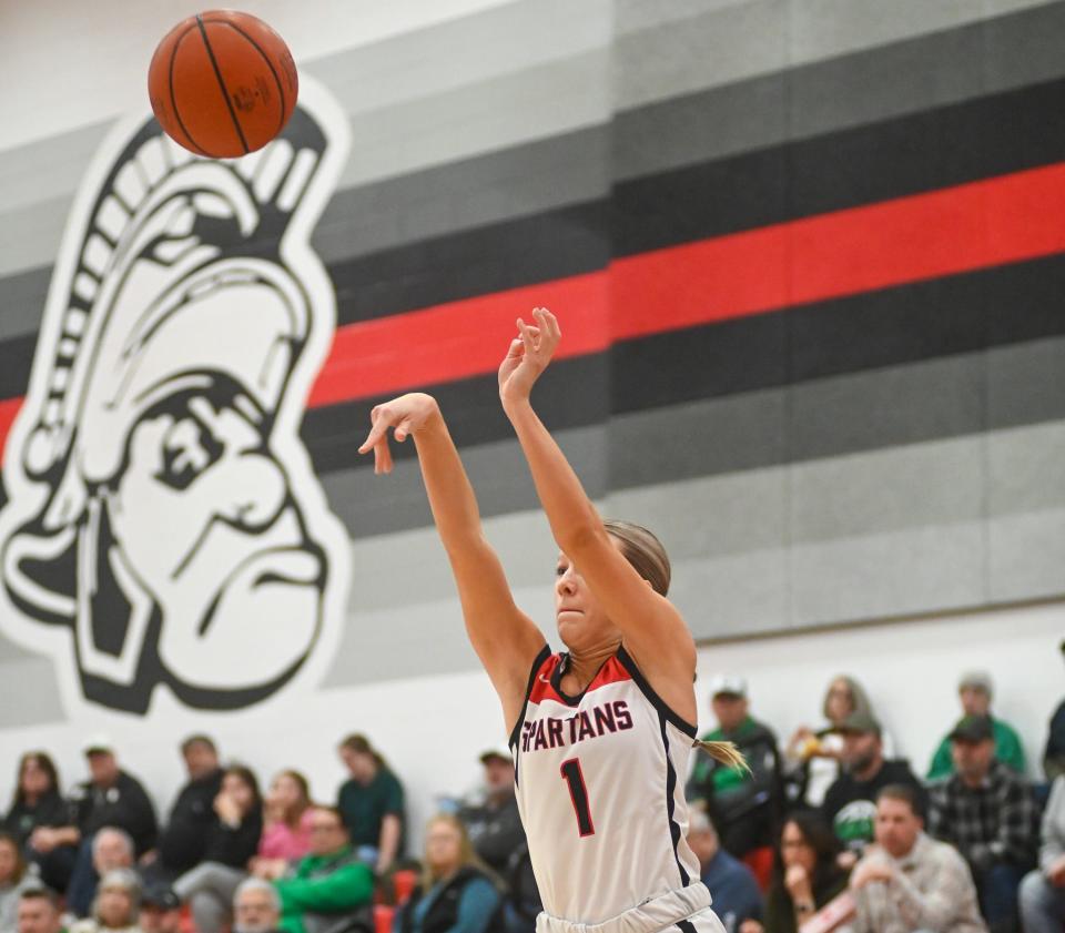 Pleasant's Olivia Pratt shoots during a Mid Ohio Athletic Conference girls basketball game Tuesday night at home against Clear Fork. The Colts won 36-32.