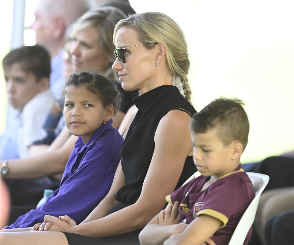 Andrew Symonds' wife Laura and children Chloe and Billy, pictured here at his funeral.