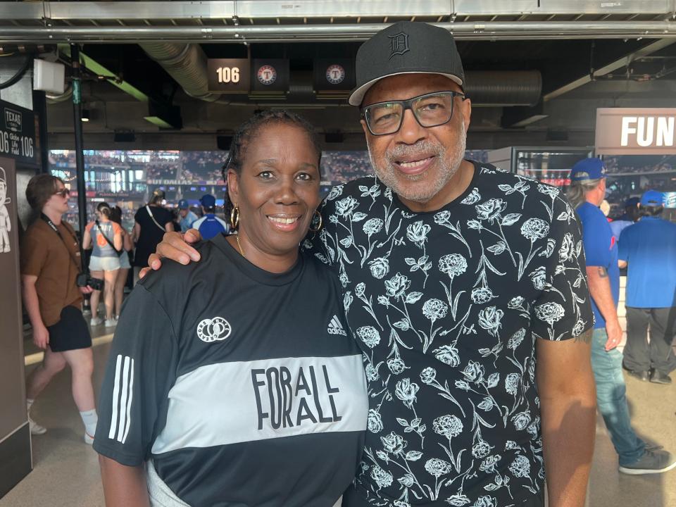 Justyn-Henry Malloy's parents, Henry and Jacqueline Malloy, watch their son play for the Detroit Tigers on June 4, 2024, at Globe Life Field in Arlington, Texas.