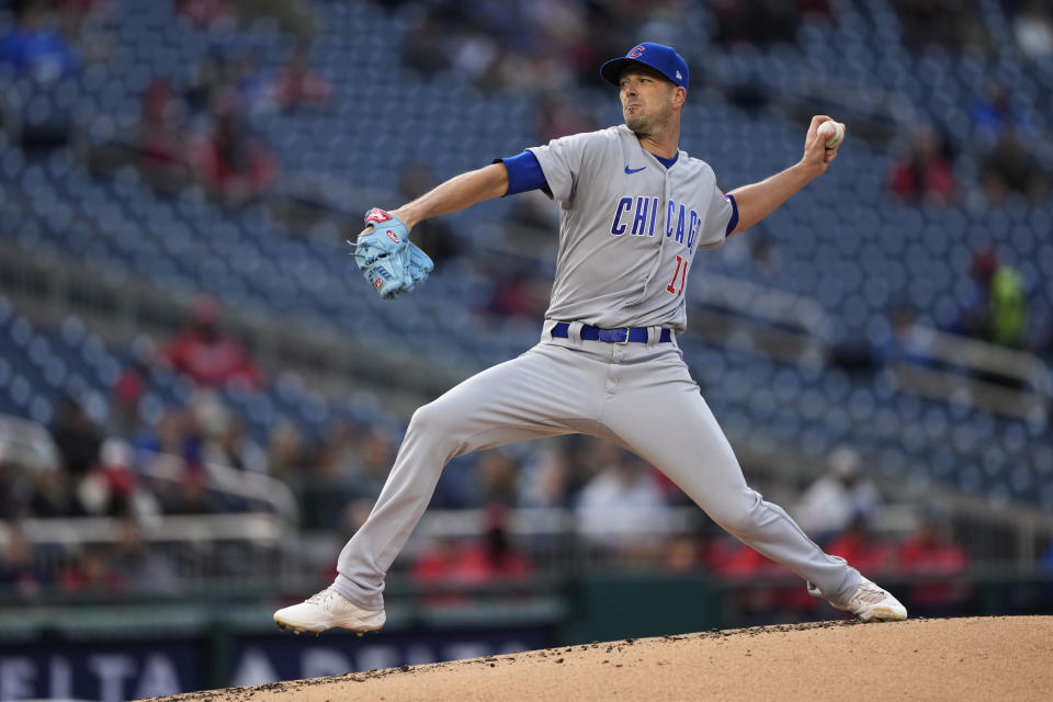 Chicago Cubs starting pitcher Drew Smyly throws during the first inning of a baseball game against the Washington Nationals in Washington, Monday, May 1, 2023. (AP Photo/Manuel Balce Ceneta)