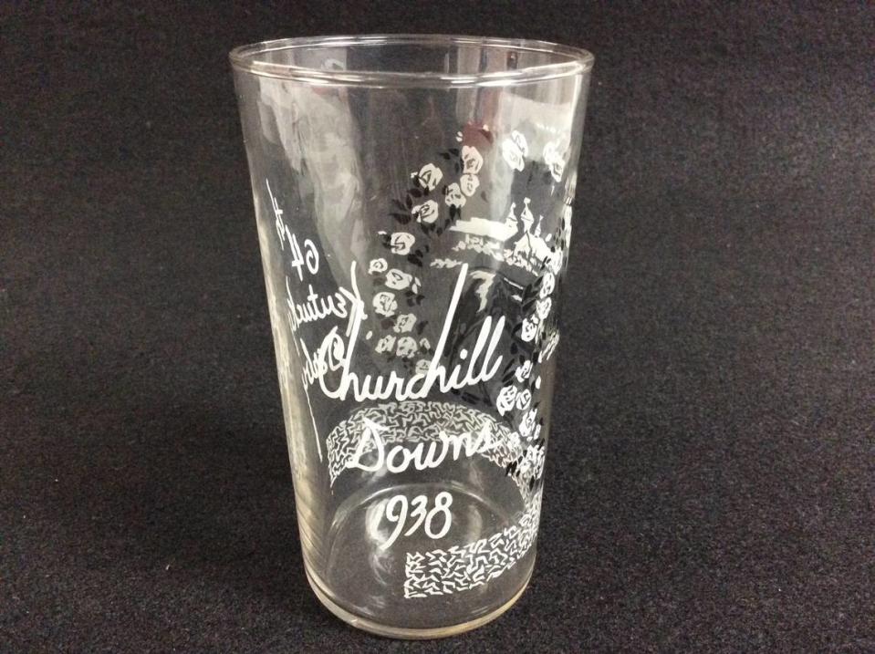 A 1938 Churchill Downs water glass is one of the rare Kentucky Derby collectibles that will be auctioned by Caswell Prewitt. Dr. Merritt Marrs, a Kentucky native and equine veterinarian collected hundreds over the years.