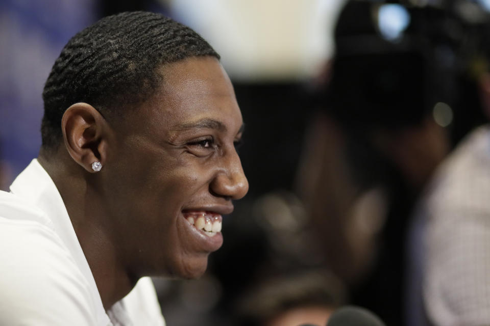 RJ Barrett, a freshman basketball player from Duke, attends the NBA Draft media availability, Wednesday, June 19, 2019, in New York. The draft will be held Thursday, June 20. (AP Photo/Mark Lennihan)