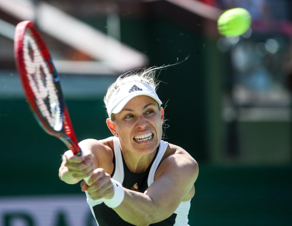 Angelique Kerber hits a shot during her win against Jelena Ostapenko on Stadium 2 at the BNP Paribas Open in Indian Wells, Calif., March 8, 2024.