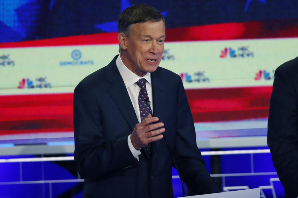 In this June 27, 2019, photo, Democratic presidential candidate former Colorado Gov. John Hickenlooper speaks during the Democratic primary debate hosted by NBC News at the Adrienne Arsht Center for the Performing Arts, in Miami. It’s been tough to run for the Democratic presidential nomination as a moderate if your name isn’t Joe Biden. But some candidates hope that’s changing.(AP Photo/Wilfredo Lee)