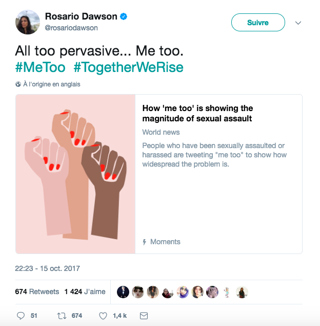 <p>Au fil des heures, les témoignages se sont accumulés sur le réseau social. L’actrice Rosario Dawson a également utilisé le hashtag. (Twitter) </p>