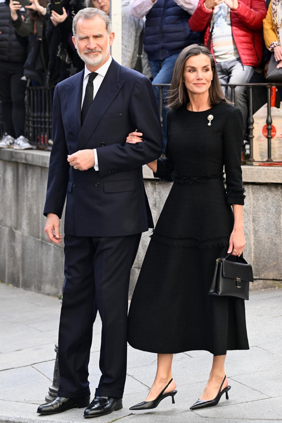 King Felipe VI and Queen Letizia of Spain arrive to Mass Tribute for Fernando Gómez-Acebo on April 08, 2024 in Madrid, Spain.