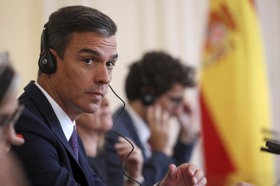 Spanish Prime Minister Pedro Sanchez attends official talks with the members of the presidency of Bosnia and Herzegovina in Sarajevo, Bosnia, Saturday, July 30, 2022. (AP Photo/Armin Durgut)