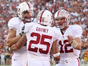 LOS ANGELES, CA - OCTOBER 29: Running back Tyler Gaffney #25 of the Stanford Cardinal celebrates with quarterback Andrew Luck #12 after they hooked up on a ten yard touchdown rececption in the first quarter against defensive tackle J.R. Tavai #58 of the USC Trojans at the Los Angeles Memorial Coliseum on October 29, 2011 in Los Angeles, California. (Photo by Stephen Dunn/Getty Images)