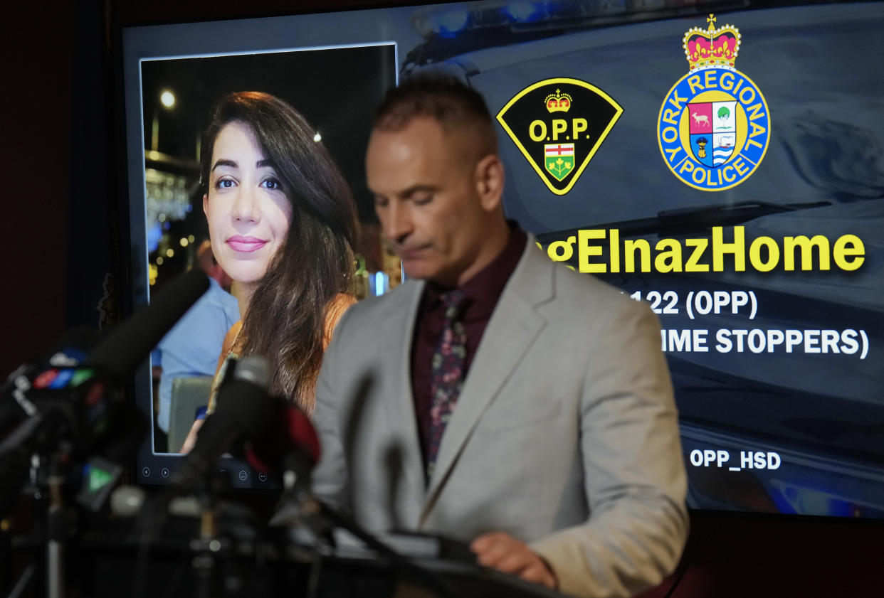 The Ontario Provincial Police (OPP) Det. Sergeant Jason Dinsmore provides additional information on the January 2022 abduction of Elnaz Hajtamiri during a press conference in Mississauga, Ont., on Thursday, January 12, 2023. THE CANADIAN PRESS/Nathan Denette