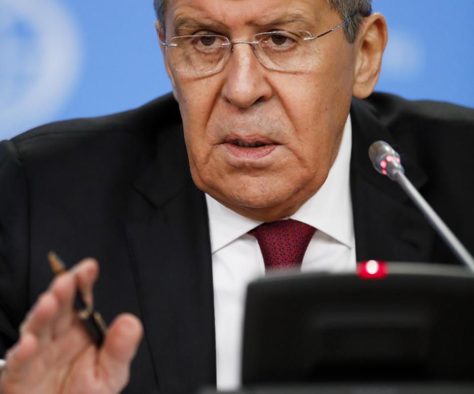 Russian Foreign Minister Sergey Lavrov gestures while speaking about his department's 2018 accomplishments during his annual roundup news conference in Moscow, Russia, Wednesday, Jan. 16, 2019. Russia's foreign minister says that the United States has ignored Moscow's proposal to inspect a Russian missile that Washington says has violated a nuclear arms treaty. (AP Photo/Pavel Golovkin)