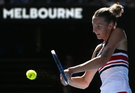 Tennis - Australian Open - Quarterfinals - Rod Laver Arena, Melbourne, Australia, January 24, 2018. Karolina Pliskova of Czech Republic hits a shot against Simona Halep of Romania. REUTERS/Thomas Peter