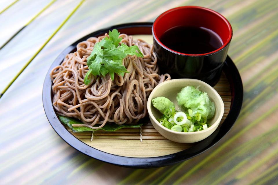 <p>Made from buckwheat flour, Japanese soba noodles are <a href="https://fdc.nal.usda.gov/fdc-app.html#/food-details/168907/nutrients" rel="nofollow noopener" target="_blank" data-ylk="slk:high in protein;elm:context_link;itc:0;sec:content-canvas" class="link ">high in protein</a> and also <a href="https://www.prevention.com/weight-loss/a33382312/fiber-for-weight-loss/" rel="nofollow noopener" target="_blank" data-ylk="slk:contain fiber;elm:context_link;itc:0;sec:content-canvas" class="link ">contain fiber</a>. They’re super versatile—you can eat them chilled, stir-fried, or added to soup.</p>